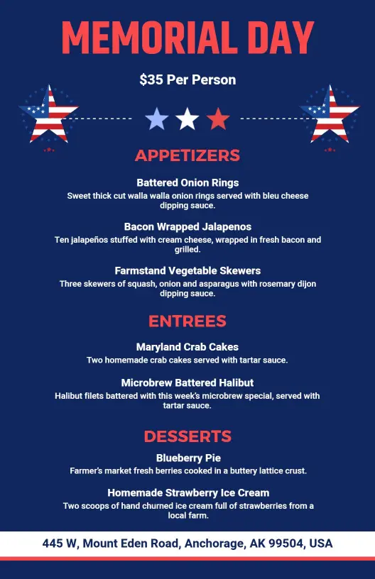 Festive Memorial Day Celebration with Delicious Food Selections Menu Template