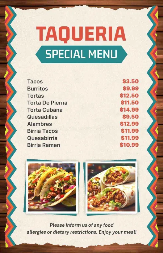 Festive Mexican Taqueria Special Menu Template