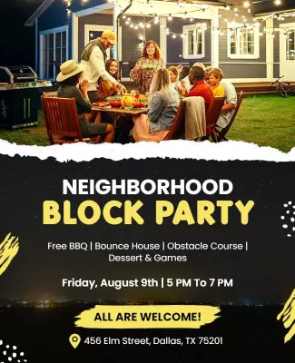 Festive Neighborhood Block Party with BBQ and Games Poster Template