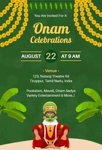 Festive Onam Celebrations Cultural Gathering Invitation Template