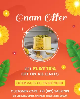 Festive Orange Onam Cake Discount Offer Poster Template
