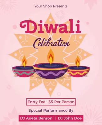 Festive Pink Diwali Celebration with Colorful Diyas Poster Template
