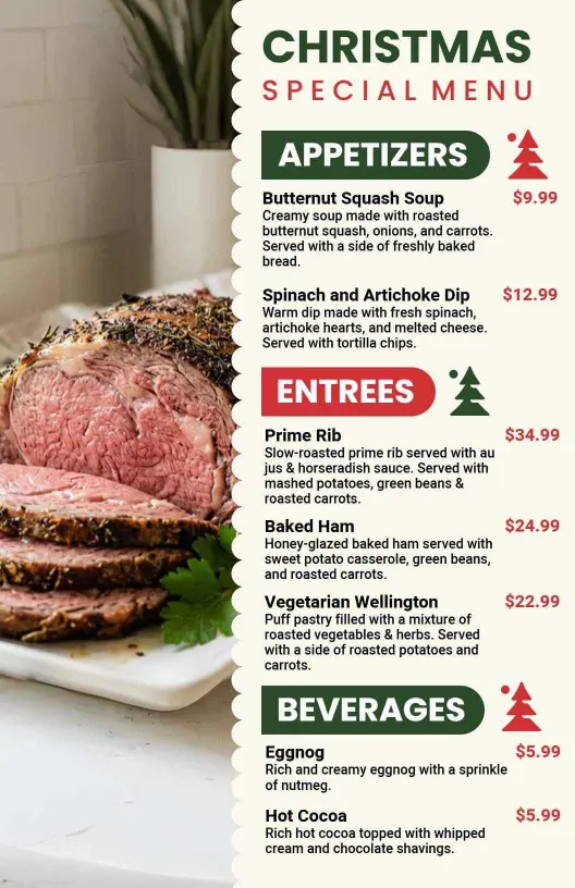 Festive Prime Rib and Holiday Favorites Special Christmas Menu Template