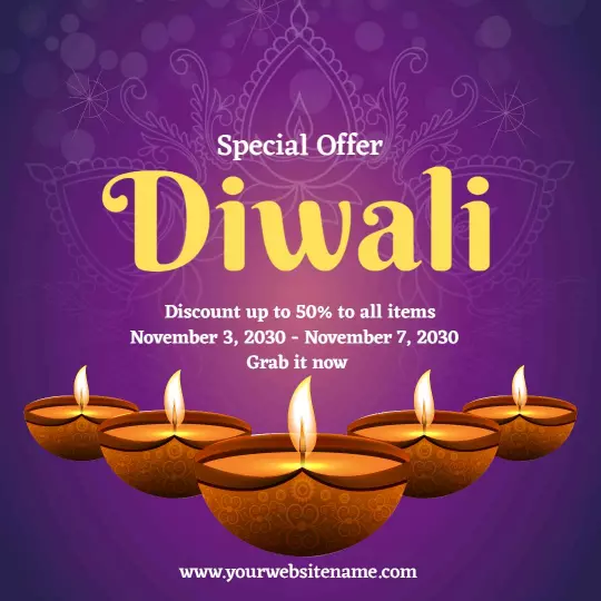 Festive Purple Diwali Discount Offer with Oil Lamps Ad Template