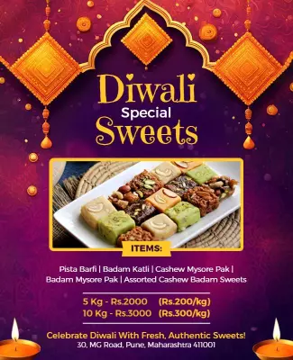 Festive Purple Diwali Special Sweets Offers Poster Template