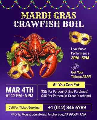 Festive Purple Mardi Gras Crawfish Boil Event Poster Template