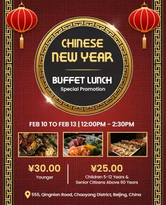 Festive Red Chinese New Year Buffet Lunch Celebration Poster Template