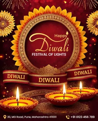 Festive Red Diwali Celebration with Traditional Diyas Poster Template