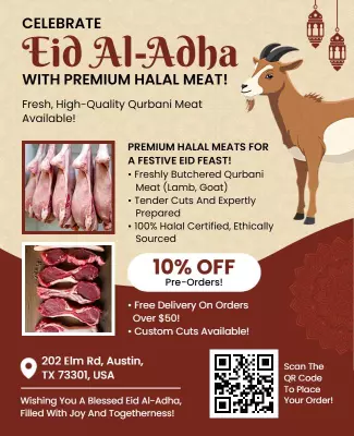 Festive Red Eid Al-Adha Premium Halal Meat Offer Poster Template