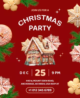Festive Red Gingerbread House Christmas Party Poster Template