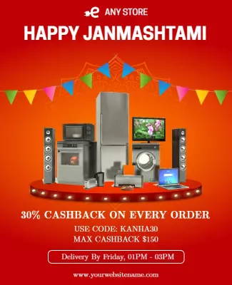 Festive Red Happy Janmashtami Sale with Cashback Offers Poster Template