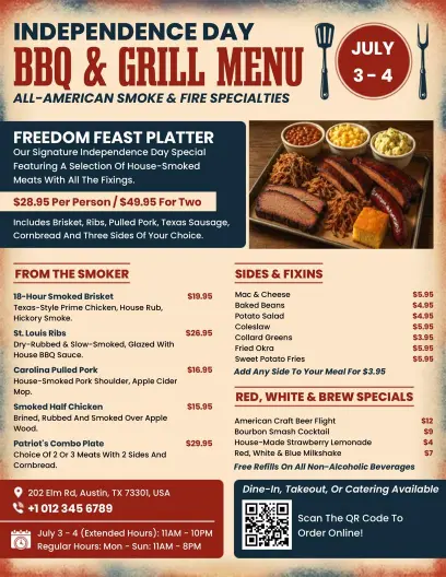 Festive Red Independence Day BBQ Grill Menu Flyer Template