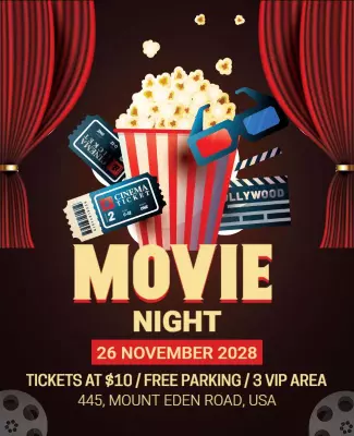 Festive Red Movie Night with Popcorn and Tickets Flyer Template
