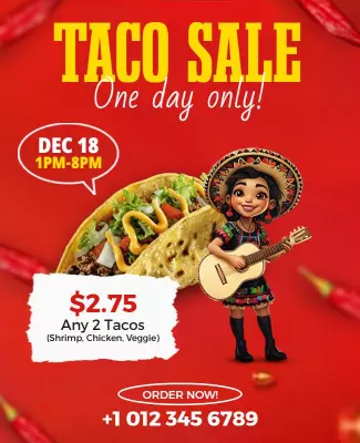Festive Red Taco Sale Event with Cartoon Character Poster Template