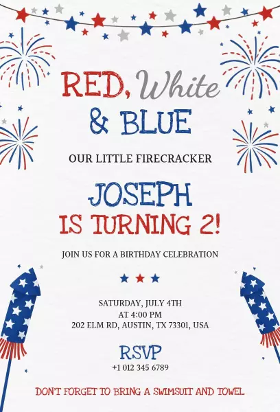 Festive Red White Blue 2nd Birthday Celebration Invitation Template