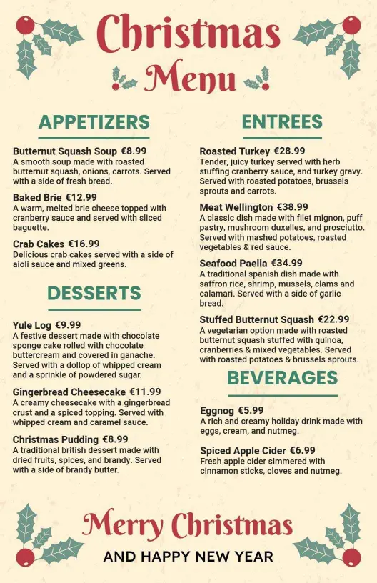 Festive Roast Turkey and Traditional Holiday Treats Christmas Menu Template