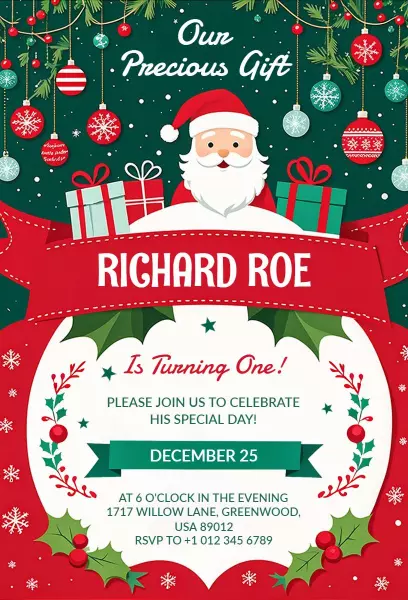 Festive Santa Claus First Birthday Celebration Invitation Template