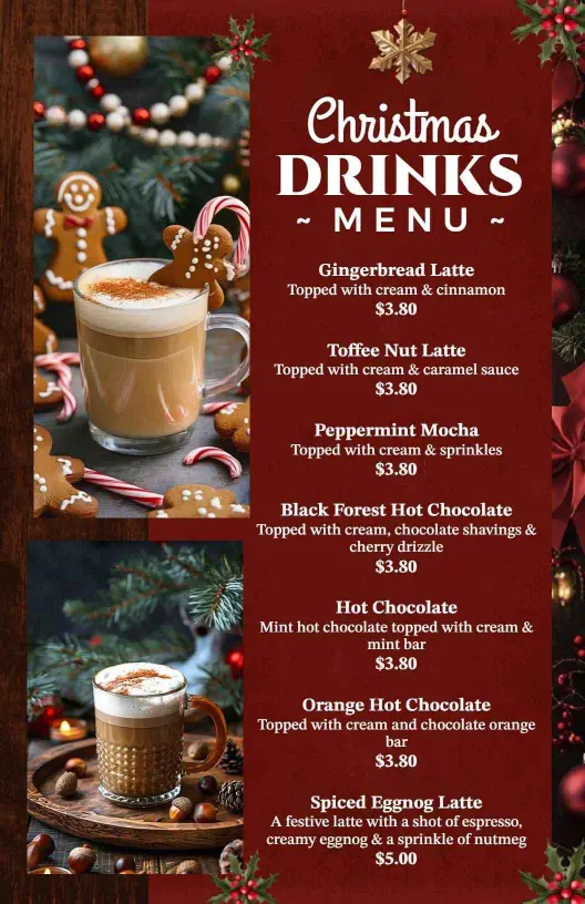 Festive Seasonal Beverages for Cozy Winter Evenings Christmas Menu Template