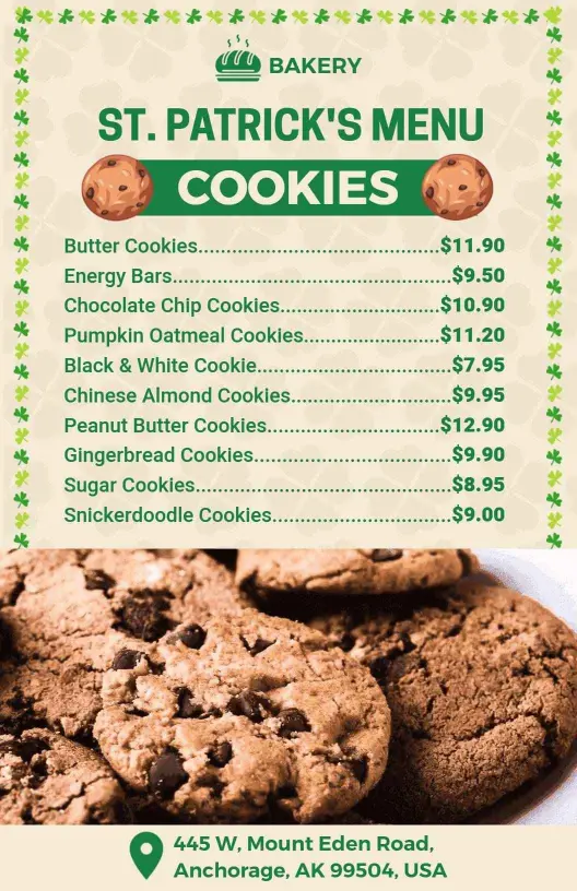 Festive St. Patrick's Day Cookie Selections and Treats Menu Template