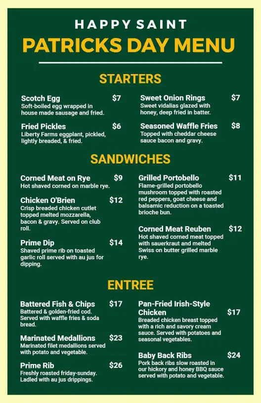 Festive St. Patrick's Day Favorites with Traditional Dishes Menu Template