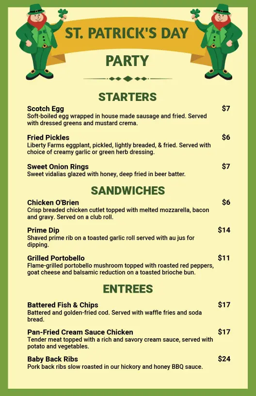 Festive Starters and Traditional Dishes for St. Patrick's Day Menu Template