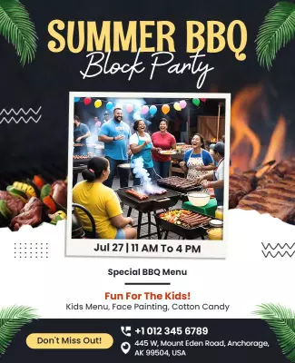 Festive Summer BBQ Block Party with Kids Activities Poster Template