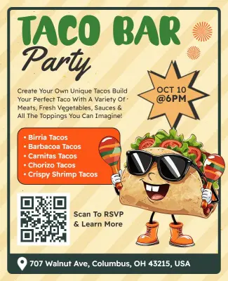 Festive Taco Bar Party with Cartoon Character Flyer Template
