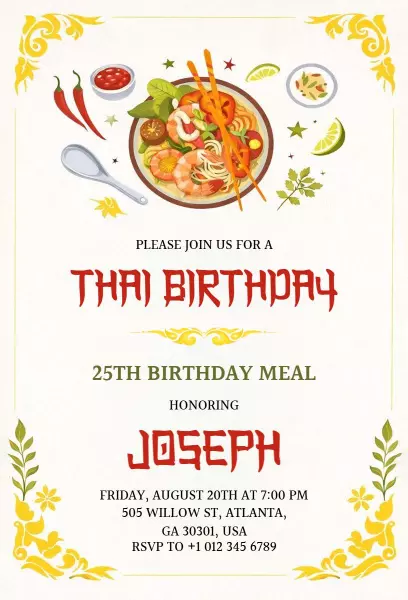 Festive Thai Cuisine 25th Birthday Celebration Invitation Template