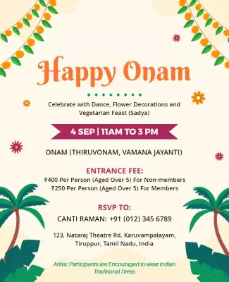 Festive Tropical Onam Celebration with Dance and Food Poster Template