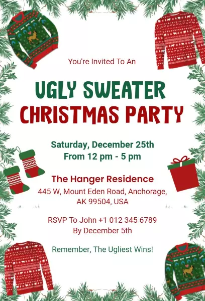 Festive Ugly Sweater Christmas Party Invitation Template