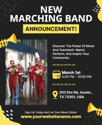 Festive Yellow Announcement for Marching Band Event Flyer Template