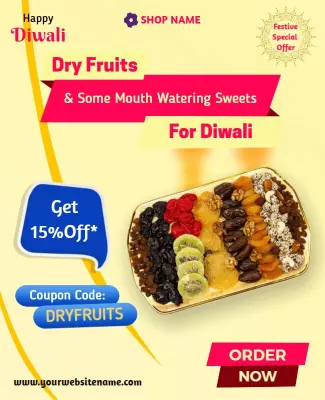 Festive Yellow Diwali Dry Fruits and Sweets Offer Poster Template