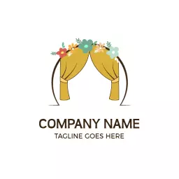 Festive Yellow Draped Curtains Emphasizing Event Planning Logo Template