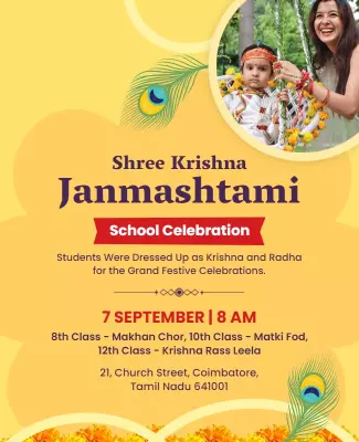 Festive Yellow Janmashtami School Celebration Poster Template