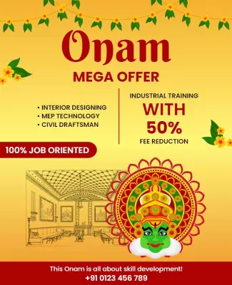Festive Yellow Onam Mega Offer for Skill Training Poster Template