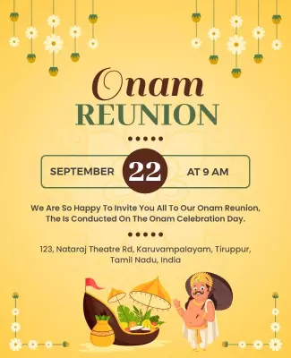 Festive Yellow Onam Reunion Celebration Invitation Poster Template