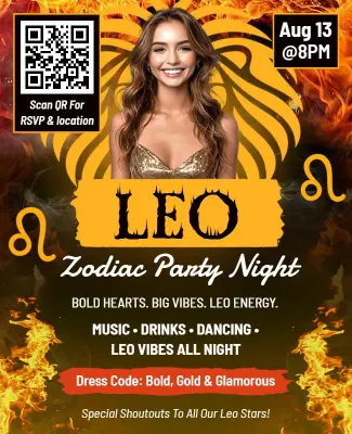 Fiery Leo Zodiac Theme Party Night Celebration Flyer Template