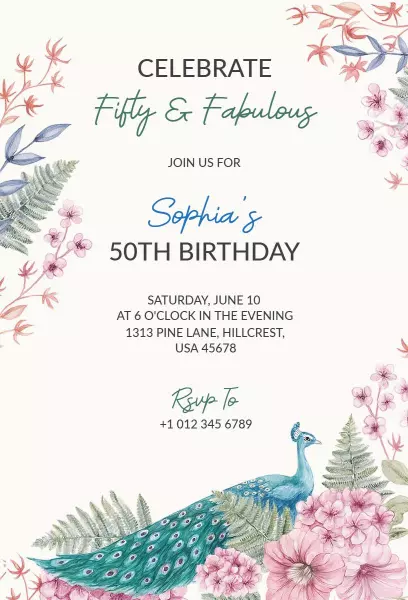 Fifty and Fabulous Peacock 50th Birthday Celebration Invitation Template