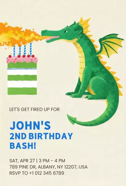 Fire-Breathing Dragon 2nd Birthday Celebration Invitation Template