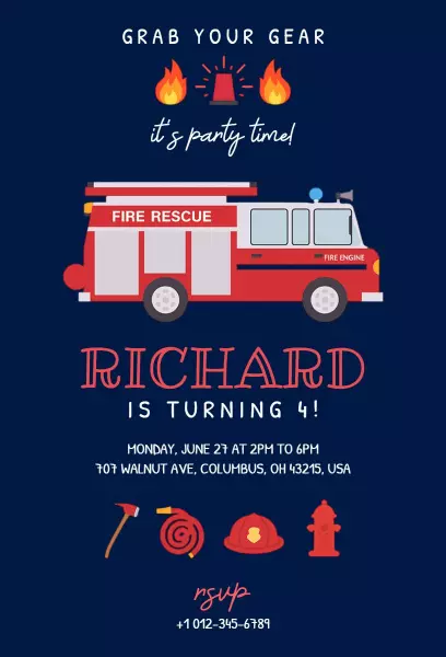 Fire Truck Adventure Birthday Celebration Invitation Template