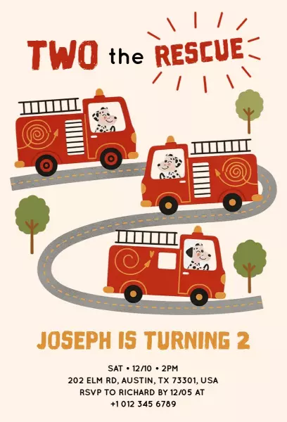 Fire Truck Rescue Adventure Birthday Celebration Invitation Template