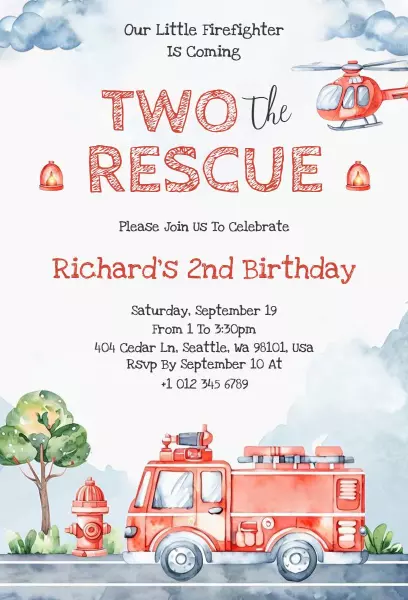 Fire Truck Rescue Theme Fun Birthday Celebration Invitation Template