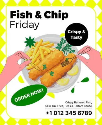 Playful Yellow Friday Special Fish and Chips Flyer Template