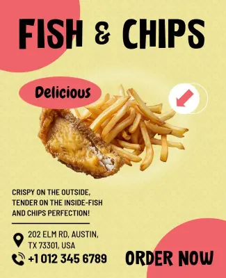 Playful Yellow Food Delivery Fish and Chips Flyer Template