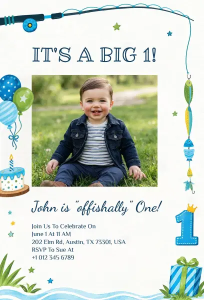 Fishing First Birthday Party Invitation Template