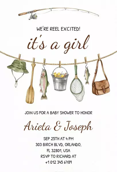 Fishing Theme Baby Girl Shower Celebration Invitation Template