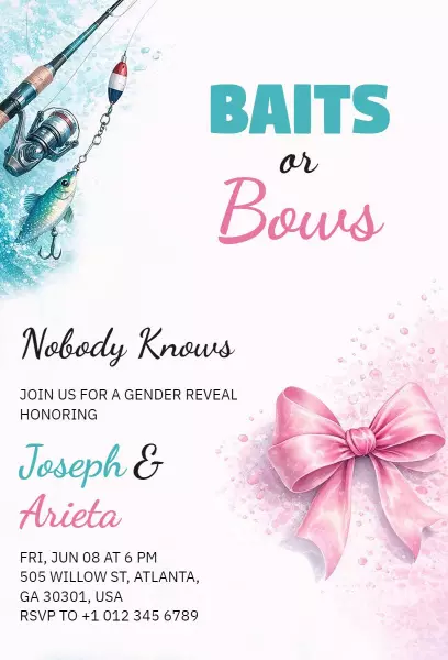 Fishing Theme Baits or Bows Gender Reveal Invitation Template