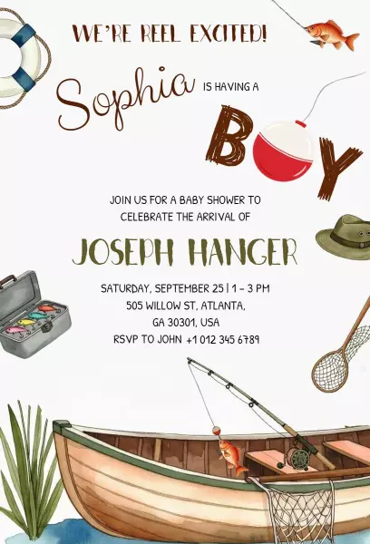 Fishing Theme Nautical Baby Shower Celebration Invitation Template