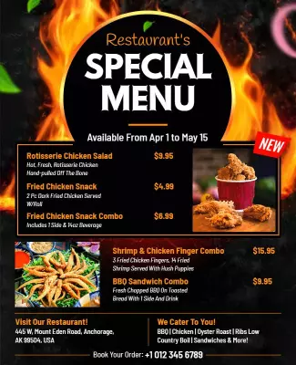Flaming Bold Restaurant Special Menu Promotion Poster Template