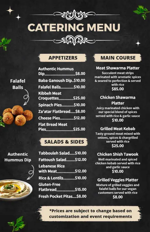 Flavorful Appetizers and Fresh Ingredients Catering Menu Template